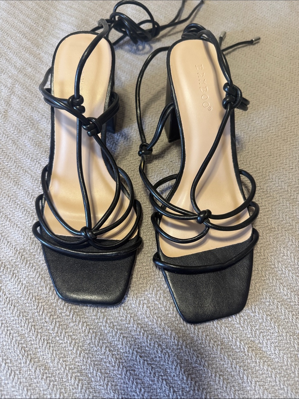 BAMBOO Black Strappy Lace-Up Square-Toe Heels